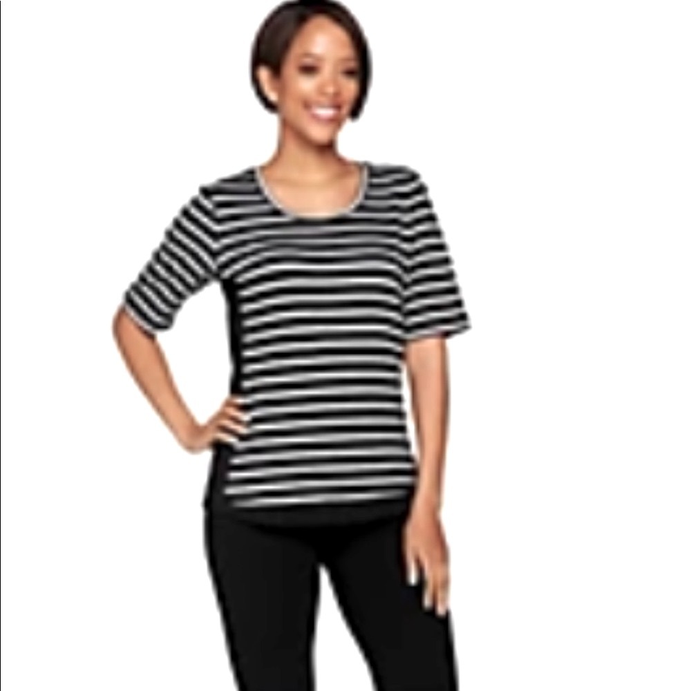 🔥FINAL PRICE🔥🆕 Denim & Co. Active Black & White Stripe Relaxed Fit Tee, Sz M